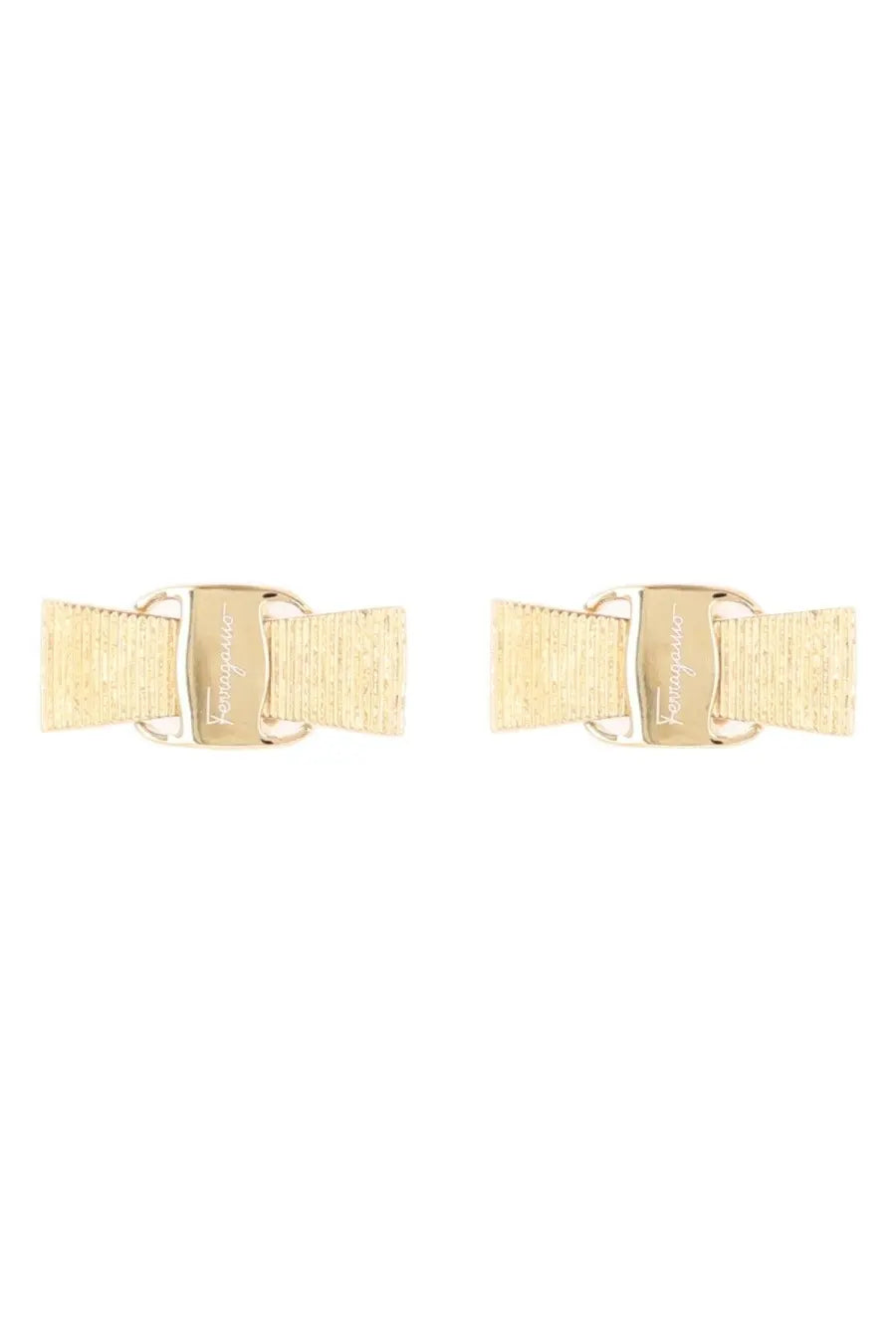 Gold-toned rectangular cufflinks with textured woven ribbon design and salvatore ferragamo logo on each clasp
