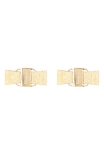 Gold-toned rectangular cufflinks with textured woven ribbon design and salvatore ferragamo logo on each clasp