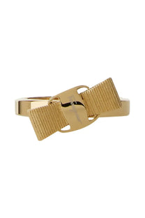 Ferragamo women’s vara bow ring gold featuring a gold-toned metal band with a textured bow and polished finish