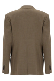 Filippa K women’s blazer Delilah brown shown from the back in olive green with structured design and subtle texture