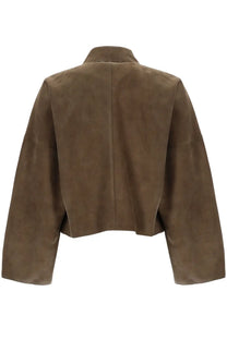 Filippa k women’s coach jacket green is a brown suede cropped blazer with classic collar and straight-cut sleeves