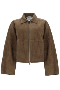 Green suede cropped coach jacket for women by Filippa K with collar and front zipper