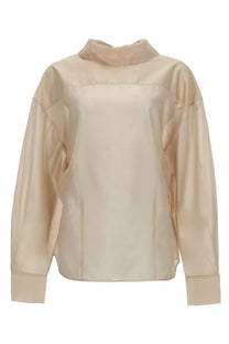 Beige sheer blouse with high collar and puffed sleeves from filippa k womens fold collar blouse white collection