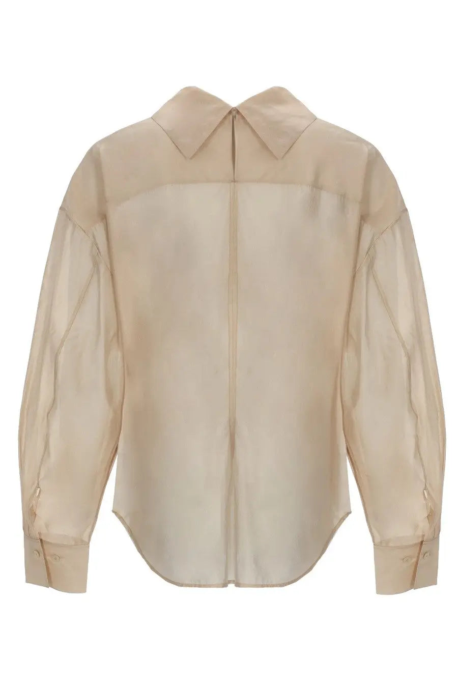 Filippa K women’s sheer beige blouse with structured collar, long sleeves, and subtle vertical front seams