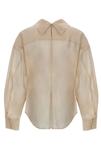 Filippa K women’s sheer beige blouse with structured collar, long sleeves, and subtle vertical front seams