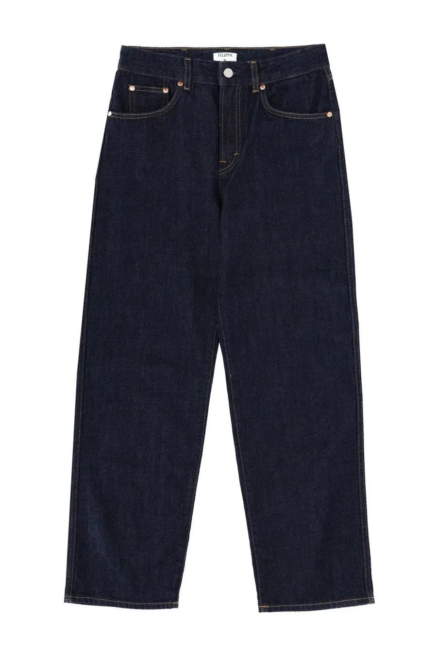 Filippa K women’s high waist dark indigo denim jeans with straight-leg cut and copper-toned hardware