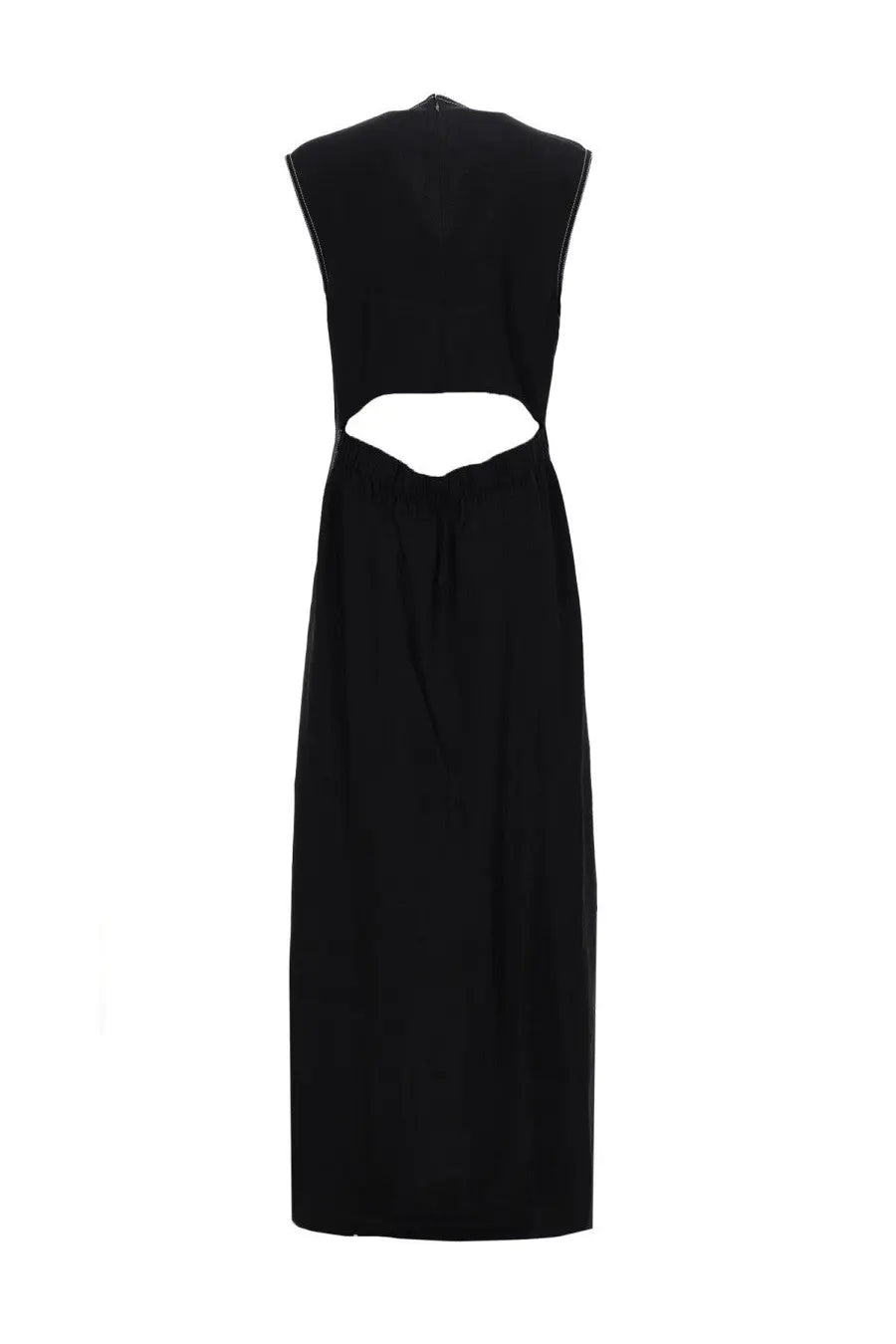 Filippa k women’s long tank dress black sleeveless maxi dress with back cutout and subtle seam stitching visible from back side