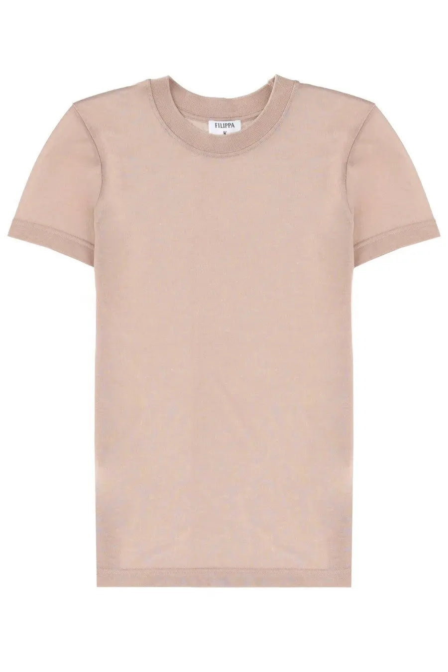 Filippa K women’s lyocell beige shirt featuring a minimalist crew neck cotton t-shirt with short sleeves and flippa label