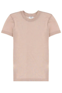Filippa K women’s lyocell beige shirt featuring a minimalist crew neck cotton t-shirt with short sleeves and flippa label