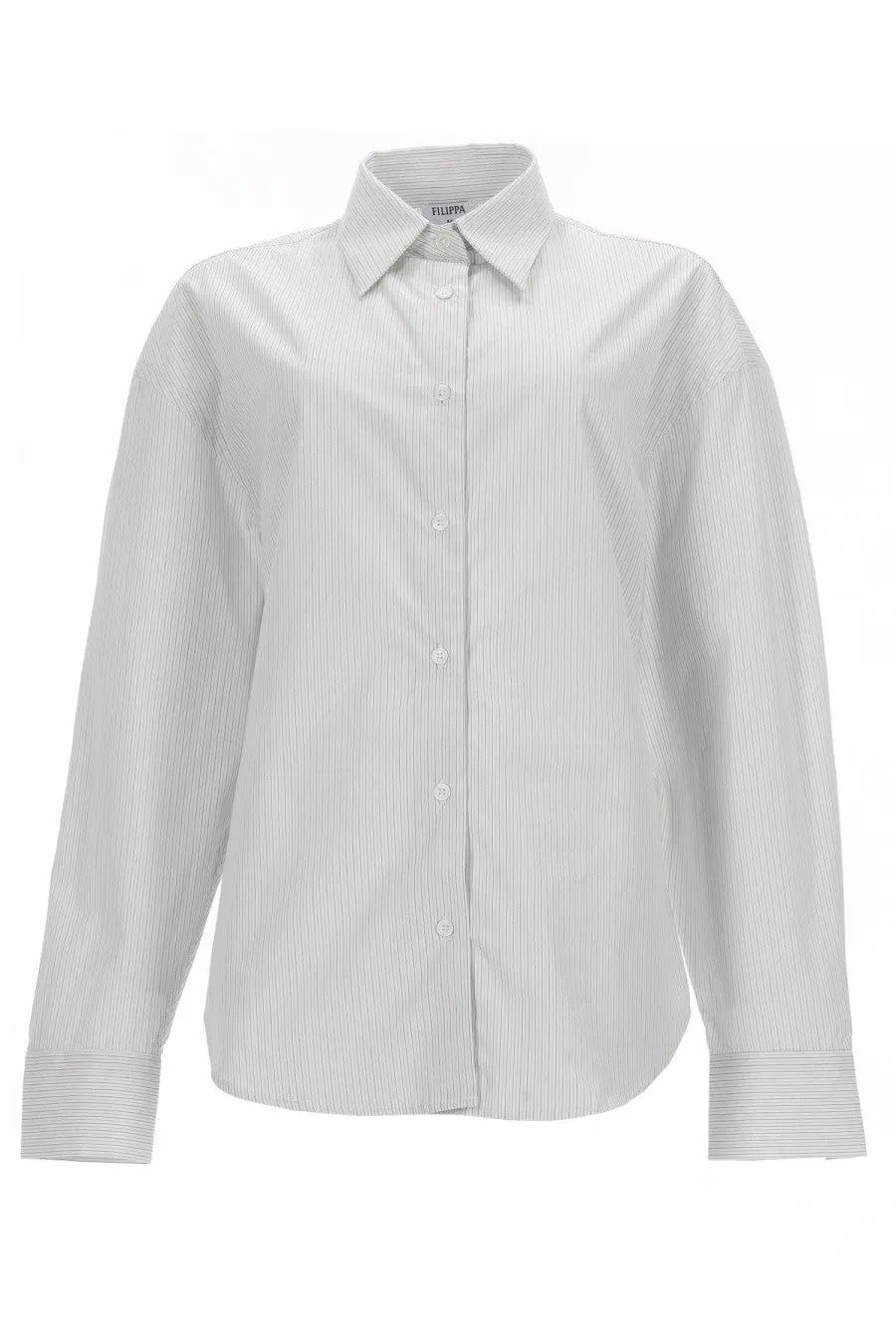 Filippa K women’s striped shirt white with crisp white fabric, subtle gray pinstripes, classic collar, and long sleeves