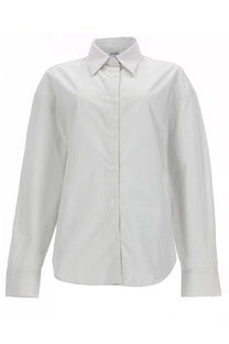 Filippa K women’s striped shirt white with crisp white fabric, subtle gray pinstripes, classic collar, and long sleeves