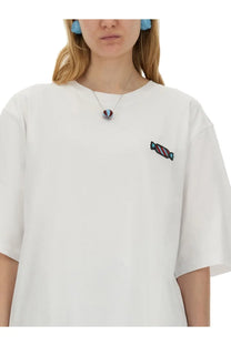 White cotton Fiorucci women’s t-shirt with candy-themed embroidered patch and matching necklace pendant on left chest