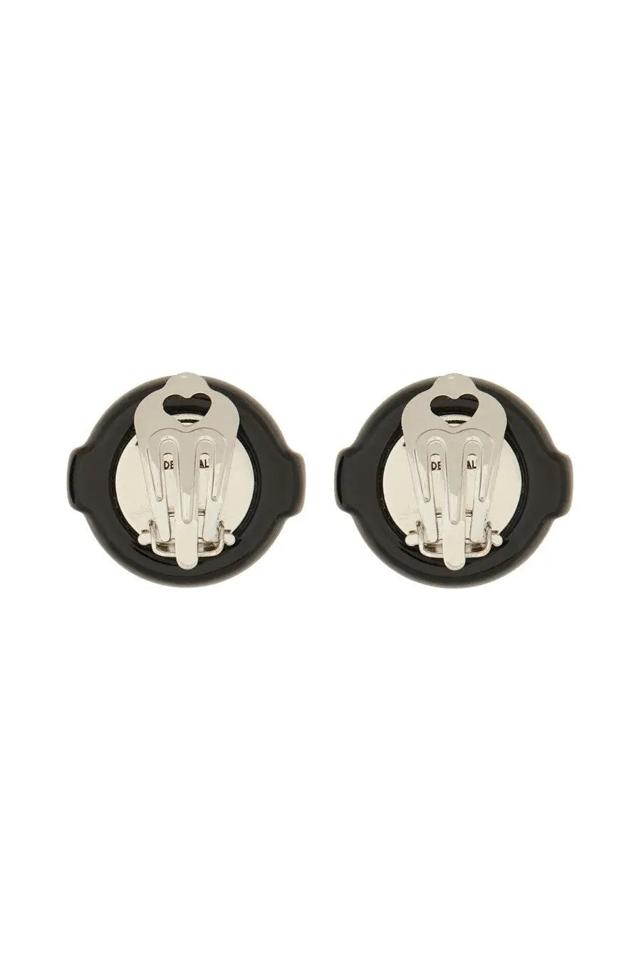 Fiorucci womens glossy black mini lollipop earrings with black circular clips and silver toned metal clasps