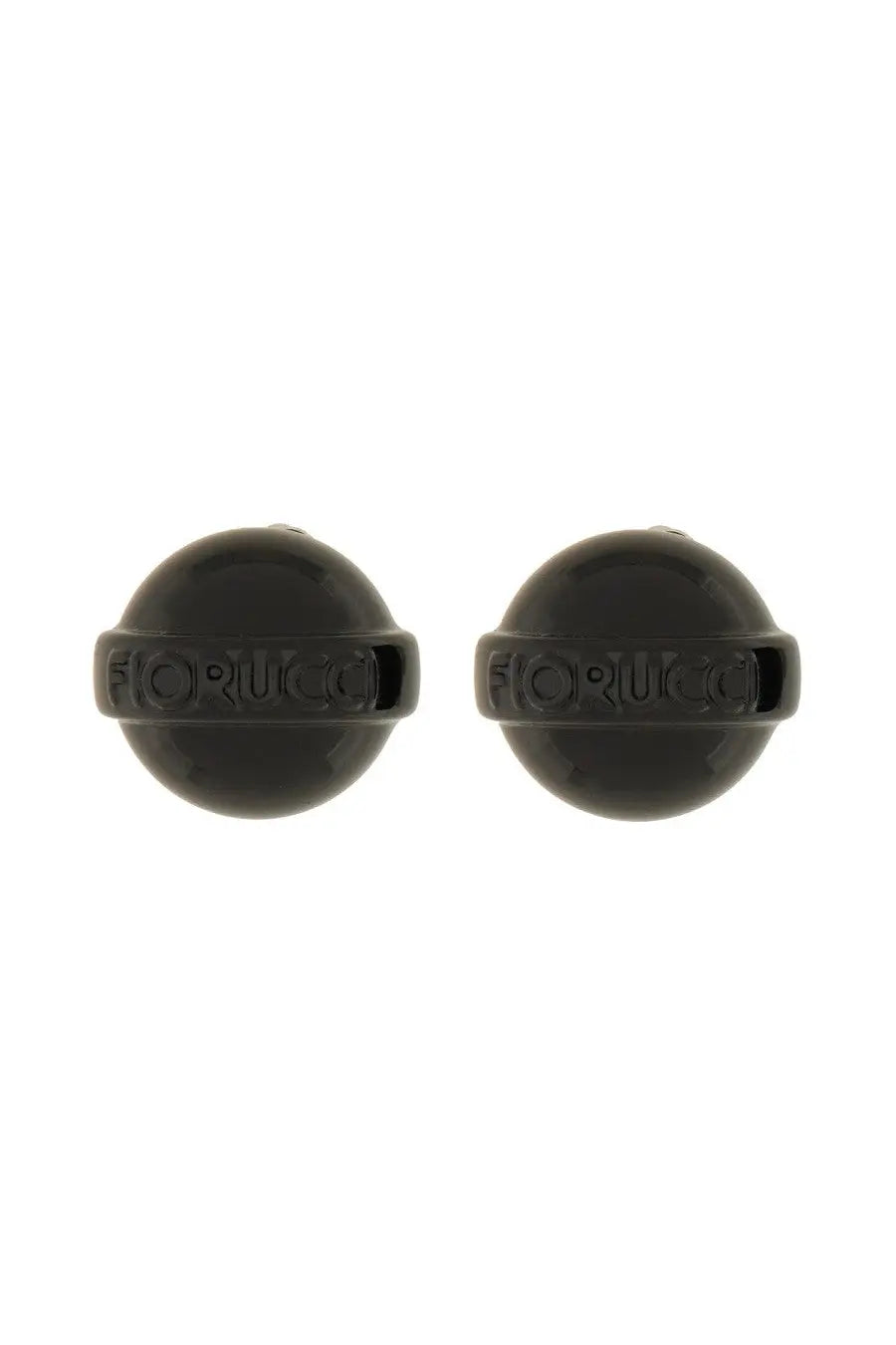 Fiorucci women’s glossy black mini lollipop spherical earrings with embossed brand name around midsection