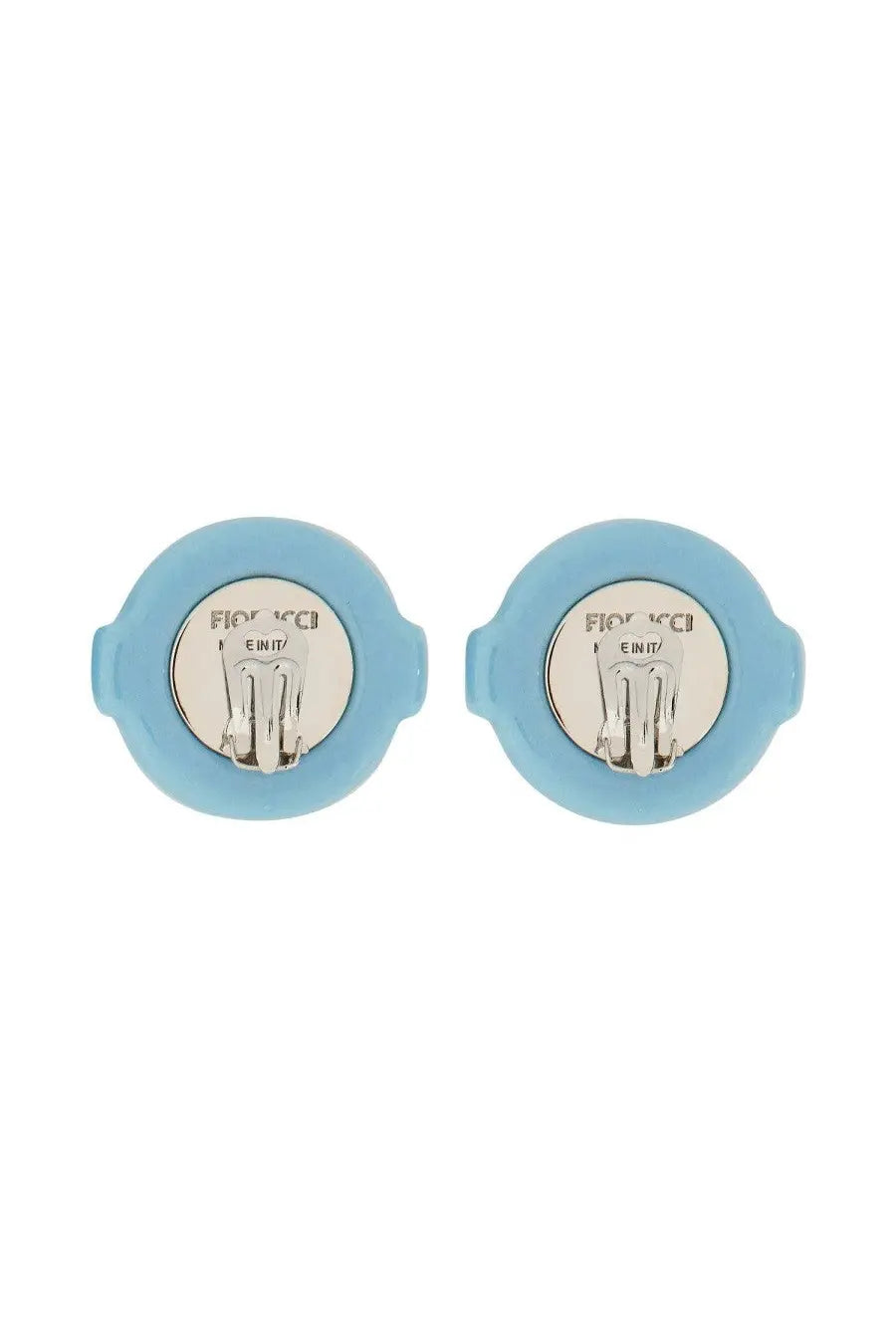Light blue circular clip earrings with silver-toned clasp and Fiorucci logo engraved on the back side