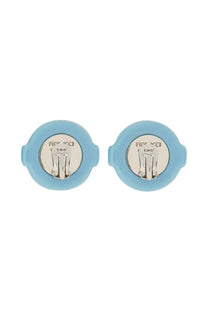 Light blue circular clip earrings with silver-toned clasp and Fiorucci logo engraved on the back side