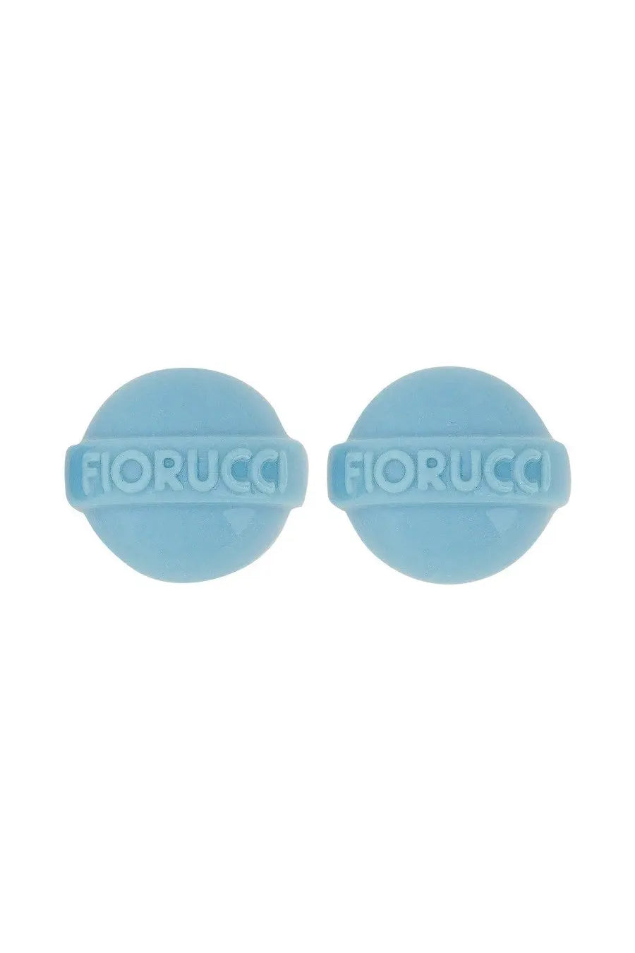 Light blue round Fiorucci women’s lollipop stud earrings with embossed lettering made from durable material