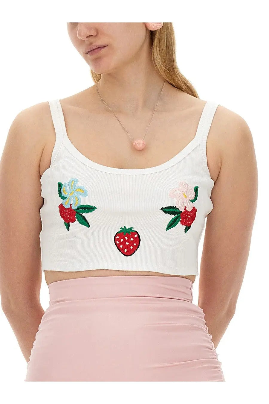 White ribbed cotton crop top with embroidered strawberry and flower motifs paired with fiorucci blue lollipop earrings