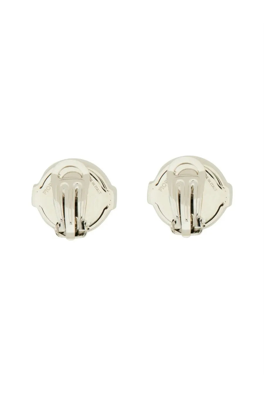 Silver-toned circular clip-on earrings with polished metallic finish and subtle engraved detailing by fiorucci women