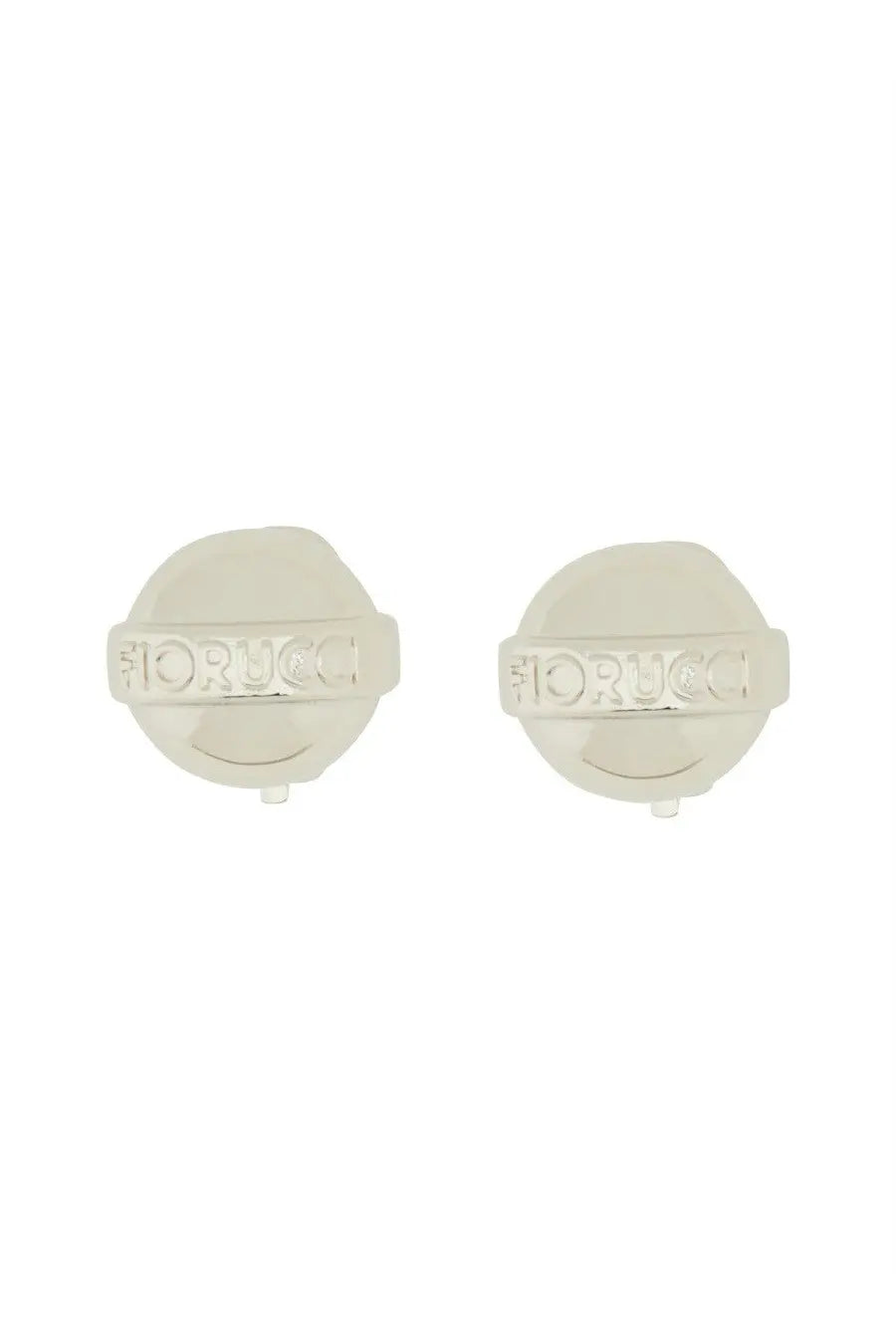 Silver-toned circular stud earrings with fiorucci brand name engraved on a horizontal band for women