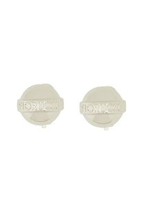 Silver-toned circular stud earrings with fiorucci brand name engraved on a horizontal band for women