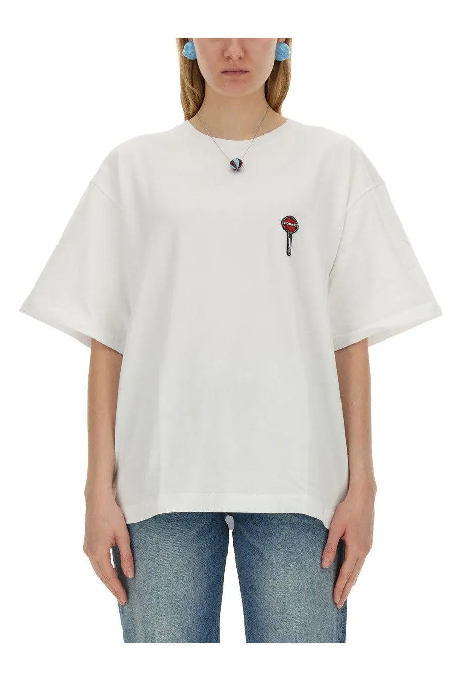 Fiorucci women’s white oversized cotton t-shirt with small embroidered red and black stop sign keyhole design on chest