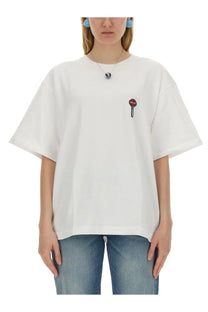 Fiorucci women’s white oversized cotton t-shirt with small embroidered red and black stop sign keyhole design on chest