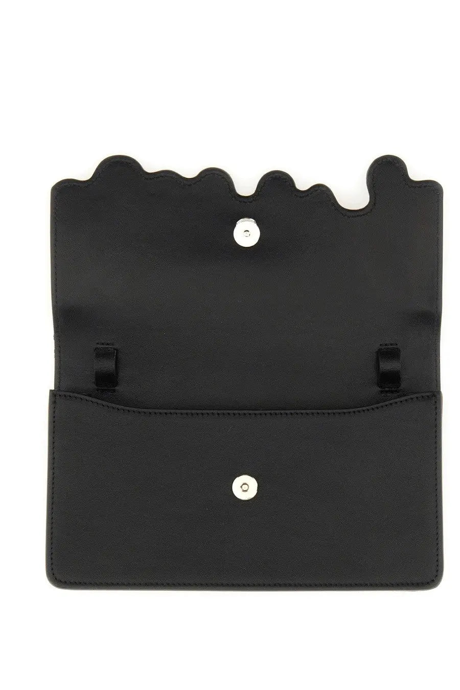 Fiorucci women’s black clutch with wavy dripping edge design and silver-toned snap closures for stylish use