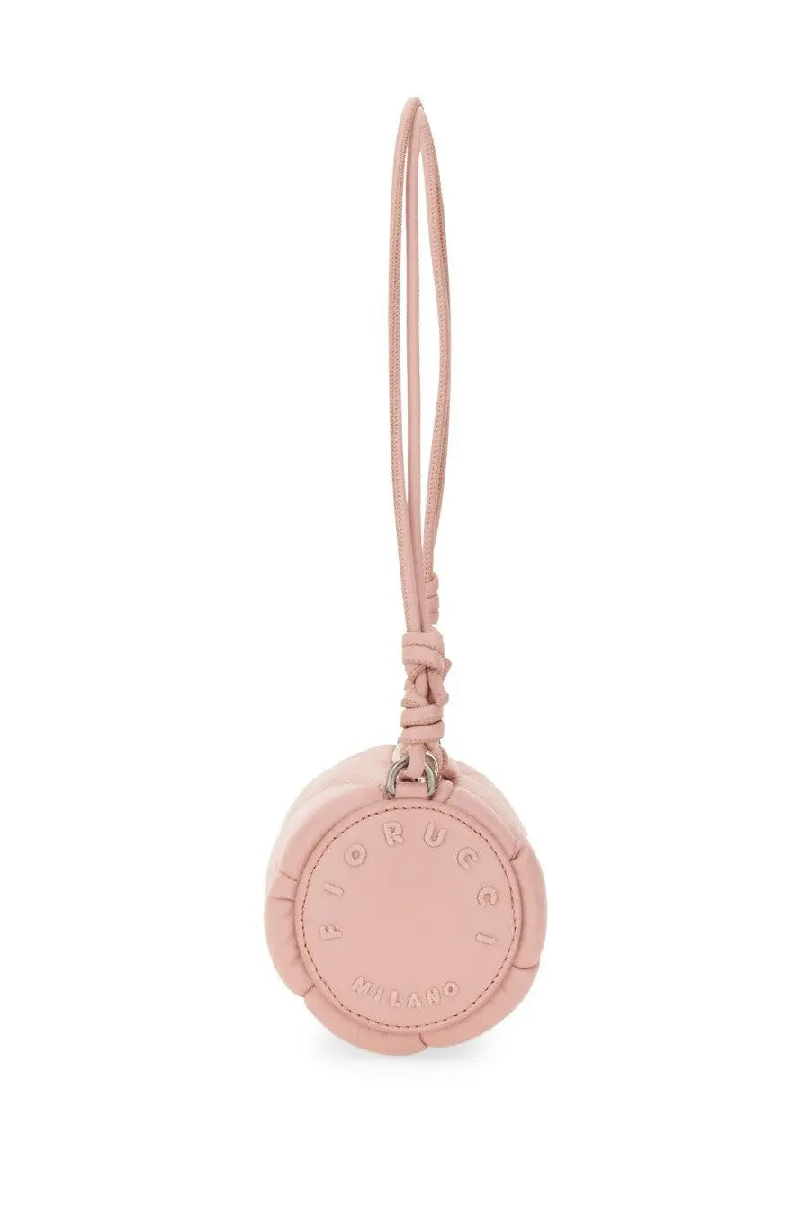 A soft pink circular leather keychain with braided strap and embossed milano branding for Fiorucci women’s mini mella bag blue