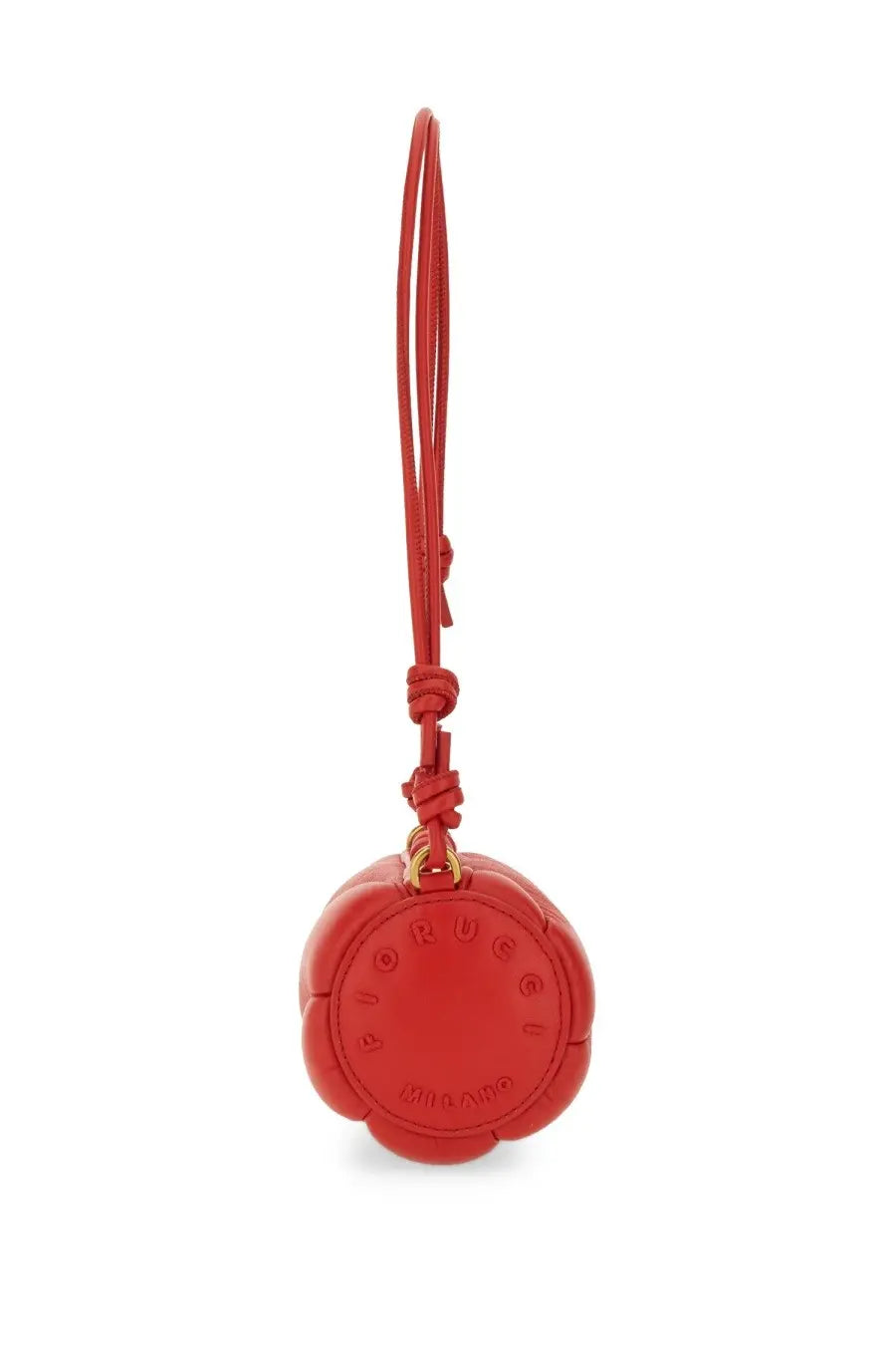 A vibrant red circular leather charm with quilted texture and embossed branding from Fiorucci women’s mini mella bag