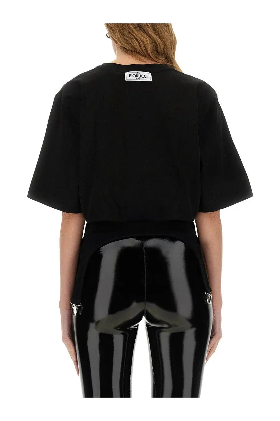 Black cropped t-shirt for women with short sleeves and a white fiorucci label at the back neckline