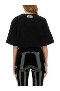 Black cropped t-shirt for women with short sleeves and a white fiorucci label at the back neckline