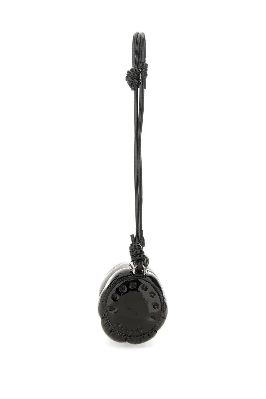 Black glossy leather phone charm with circular textured design and braided cord for fiorucci women shoulder bag mella black