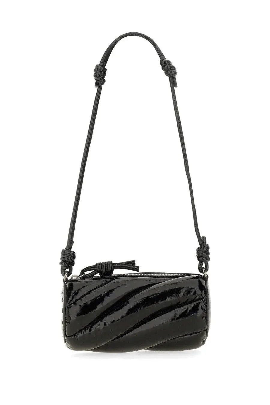 Fiorucci women’s shoulder bag mella black glossy patent leather crossbody with twisted design and knotted strap details