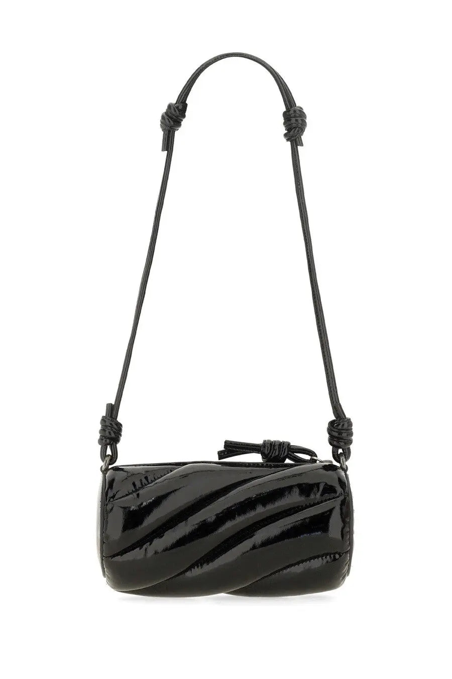 Fiorucci women’s black patent leather crossbody bag with quilted wave pattern and knotted strap details
