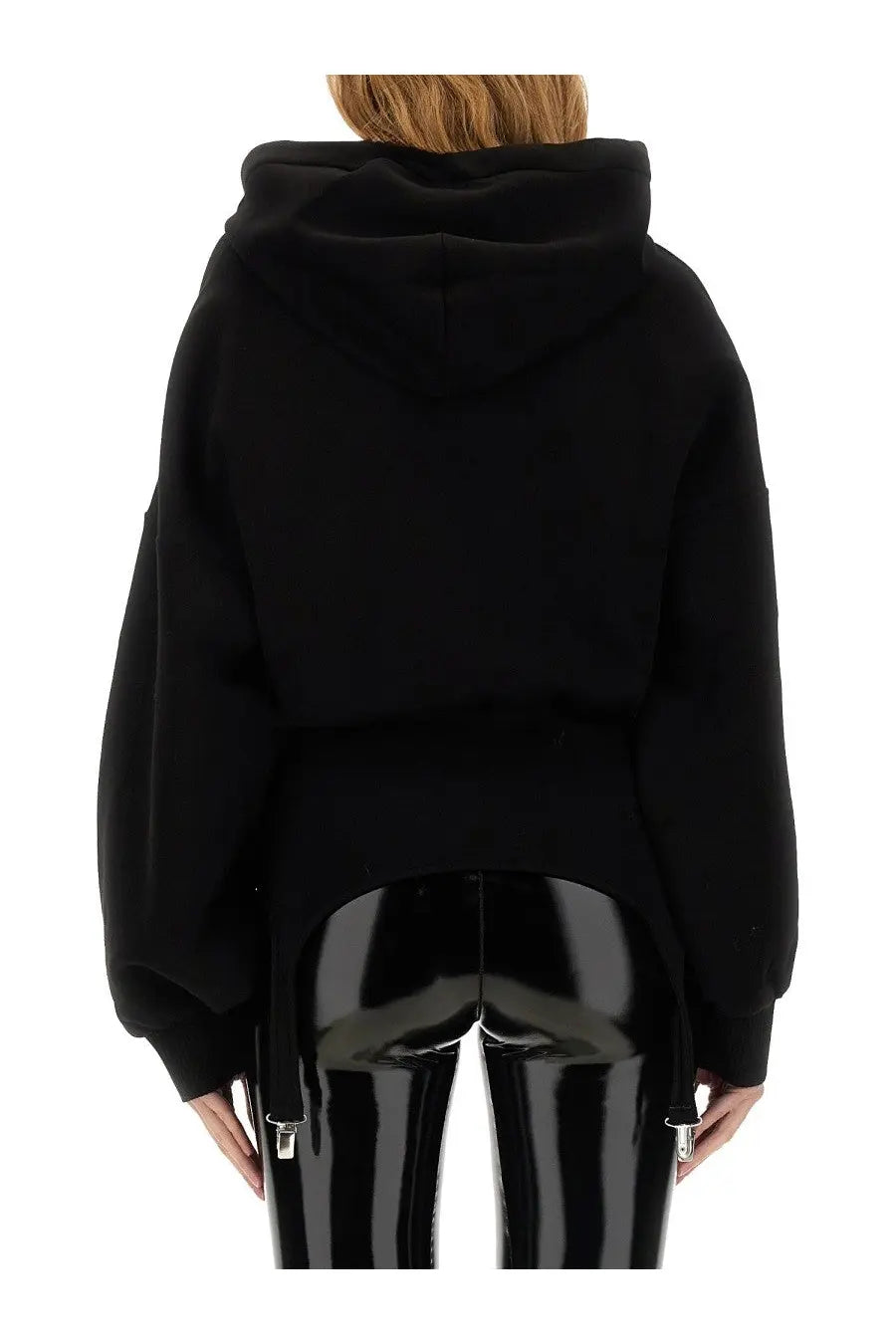 Fiorucci women’s black cropped hoodie with high low hemline and attached side straps in soft sweatshirt material