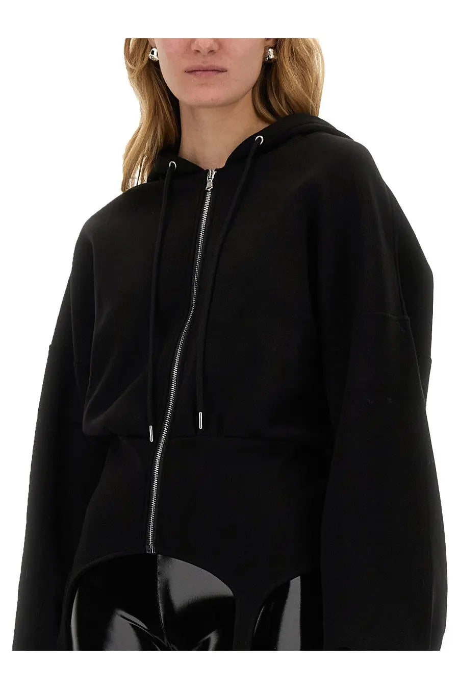 Fiorucci women’s black cropped hoodie with front zipper and drawstring hood made from soft sweatshirt material