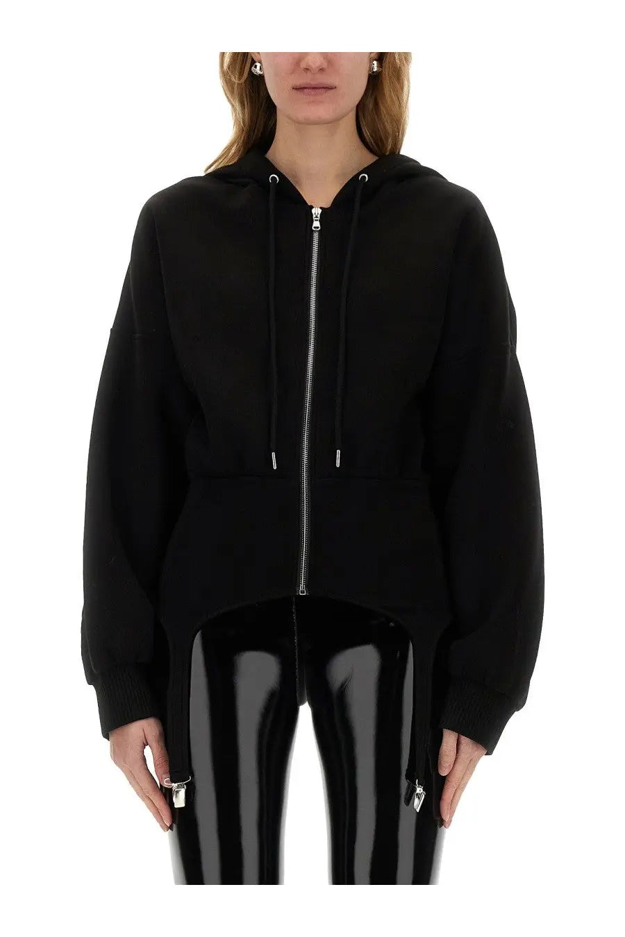 Fiorucci women’s black zip-up hoodie with silver zipper and drawstrings made from soft sweatshirt material