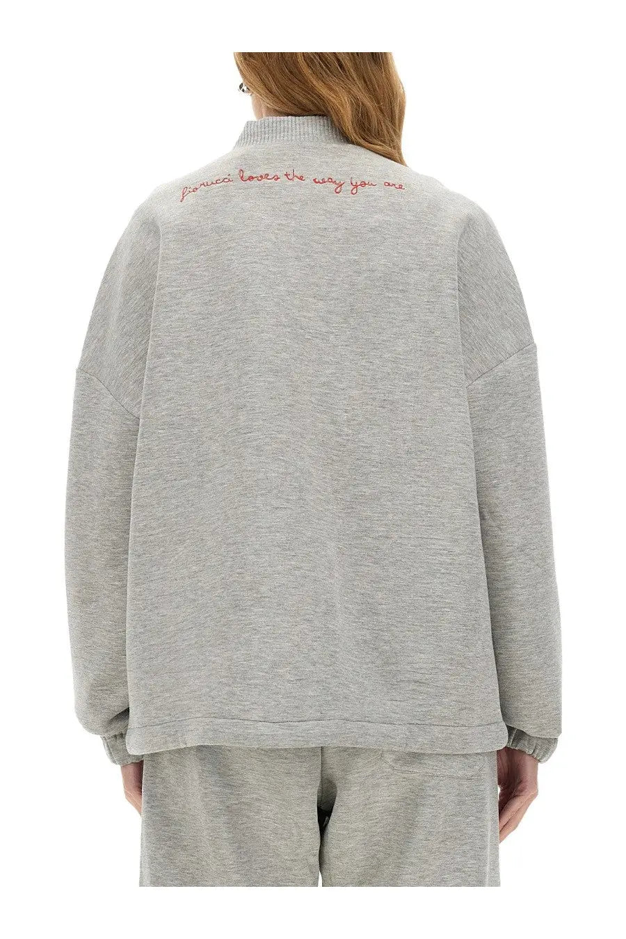 Back view of fiorucci women’s zippered sweatshirt in angel grey with red embroidered text on gray heathered fabric