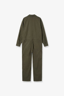 Olive green cotton utility jumpsuit with classic collar and multiple pockets from the frankie shop womens ardea collection