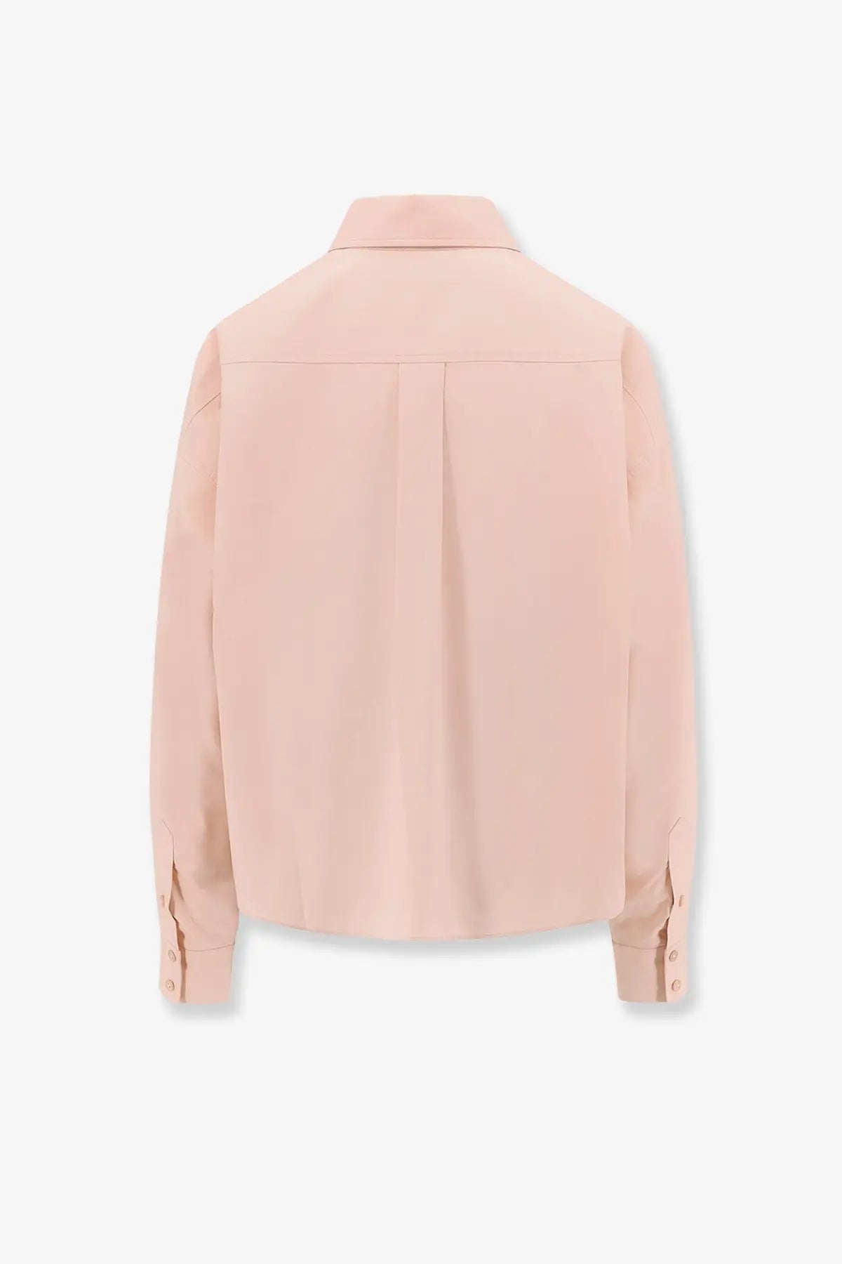 The frankie shop women’s arlen cotton shirt blue shown from the back with blush pink, long sleeves, button-up design and pleats