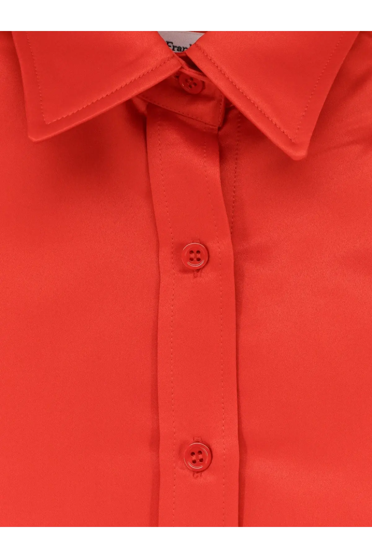 The frankie shop women’s arlen satin boxy shirt in vibrant coral red with matching buttons and a crisp collar