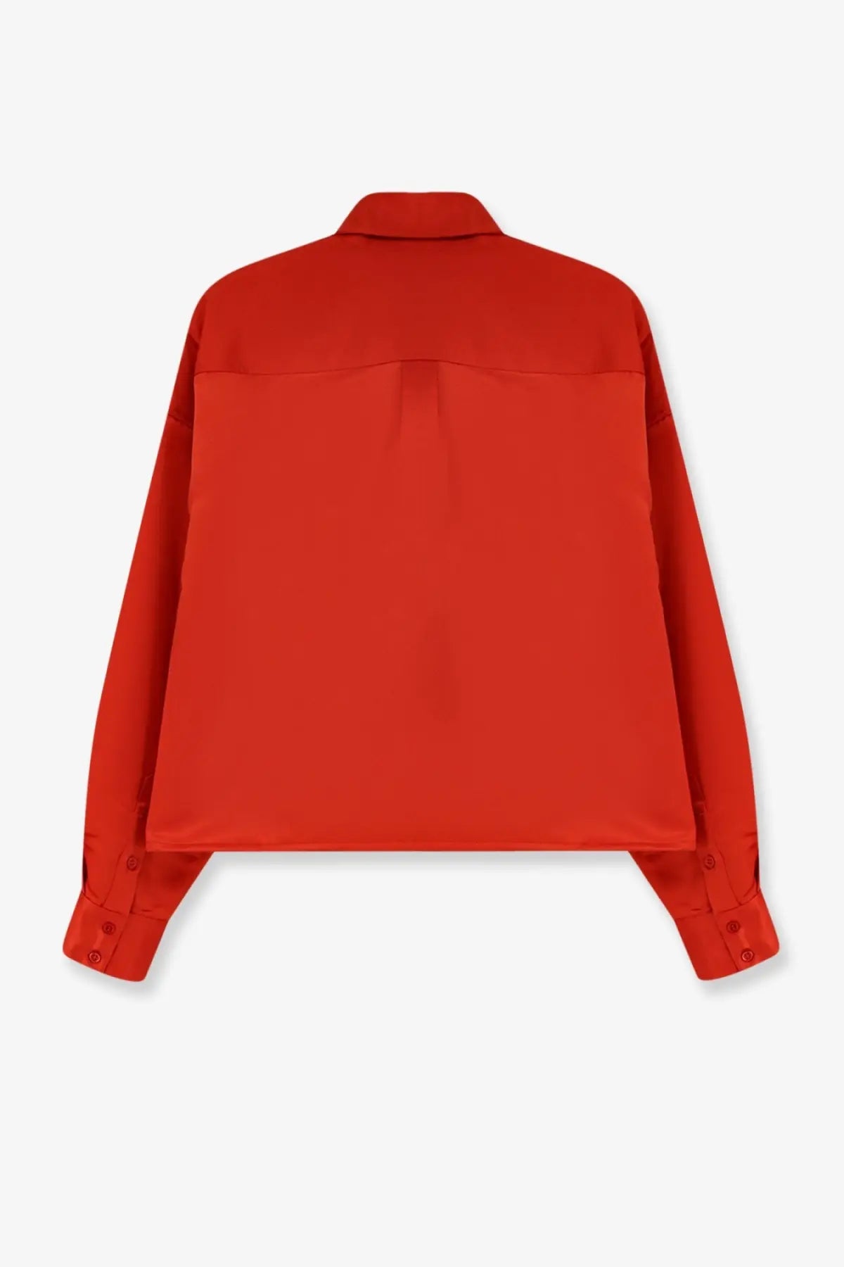 The Frankie Shop women’s Arlen satin boxy shirt is a vibrant red long-sleeved button-up with a sleek finish