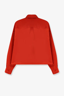 The Frankie Shop women’s Arlen satin boxy shirt is a vibrant red long-sleeved button-up with a sleek finish