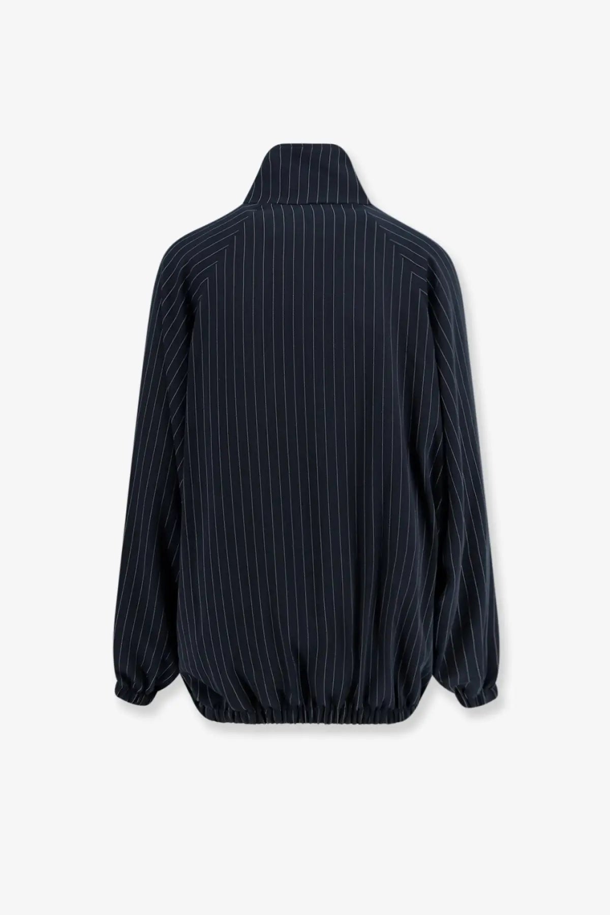 The frankie shop women’s baxter pinstripe jacket blue features dark navy recycled material with high collar and elastic cuffs