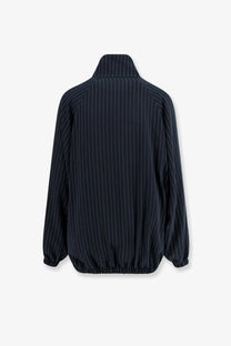 The frankie shop women’s baxter pinstripe jacket blue features dark navy recycled material with high collar and elastic cuffs