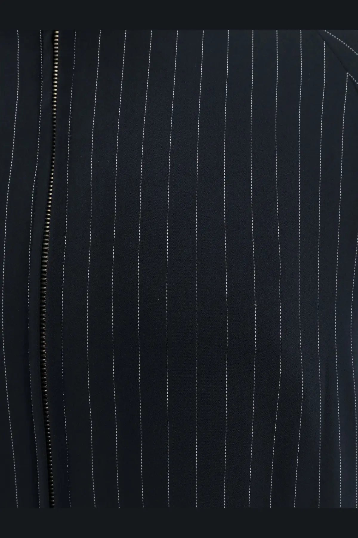 The Frankie Shop women’s Baxter pinstripe jacket in navy blue with white stripes black zipper made from recycled material