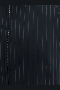The Frankie Shop women’s Baxter pinstripe jacket in navy blue with white stripes black zipper made from recycled material