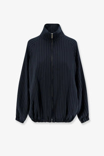 The Frankie Shop women’s Baxter pinstripe navy blue zip-up jacket with high collar and elasticated cuffs made from recycled material