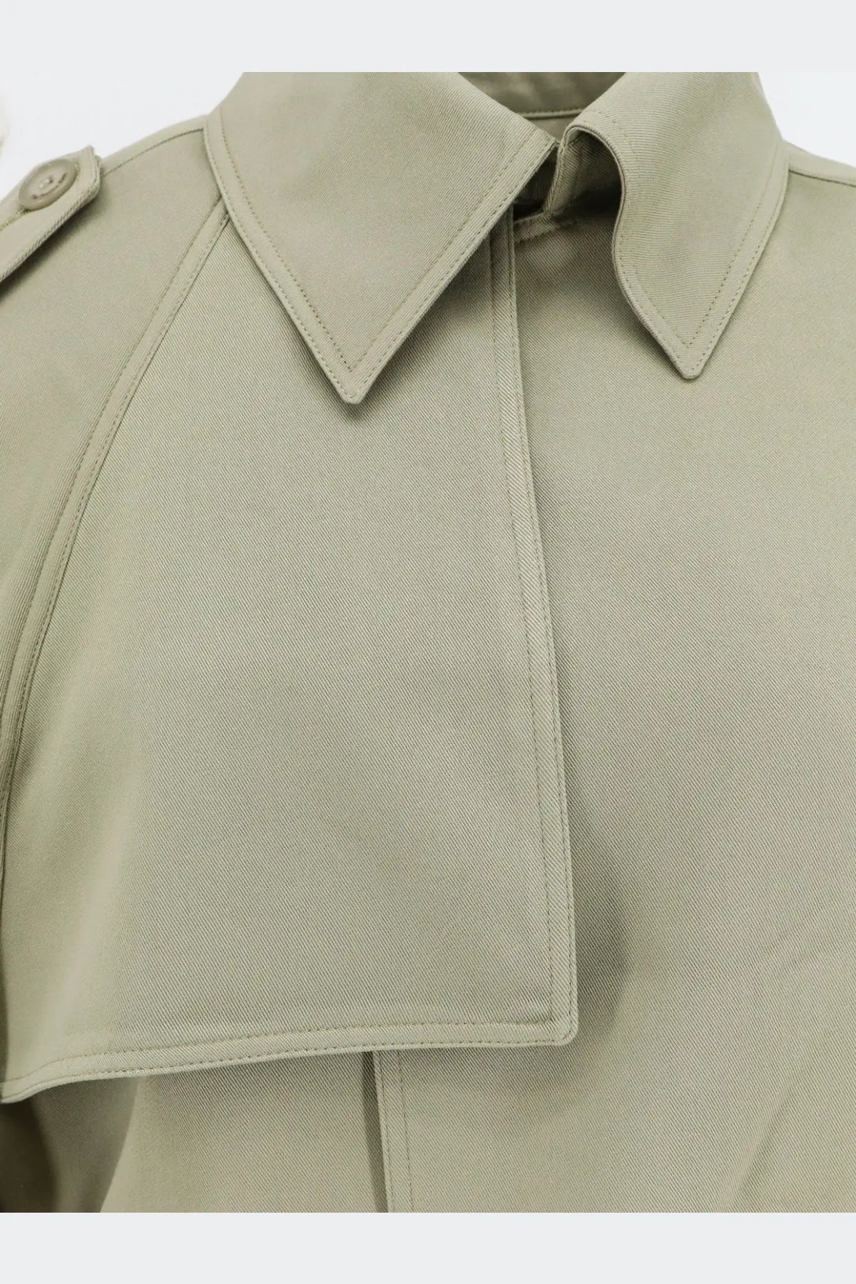 The Frankie Shop women’s elva fluid viscose trench coat in beige with a structured collar and subtle stitching details